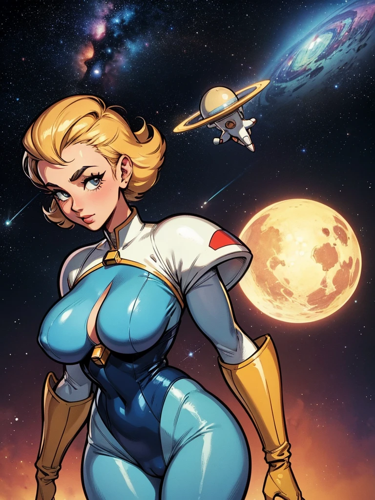 1950s retro comic, slender space girl with a close-fitting astronaut suit, large breasts, cleavage, camel toe, she looks at the camera, background: planets, nebula, stars, spaceships