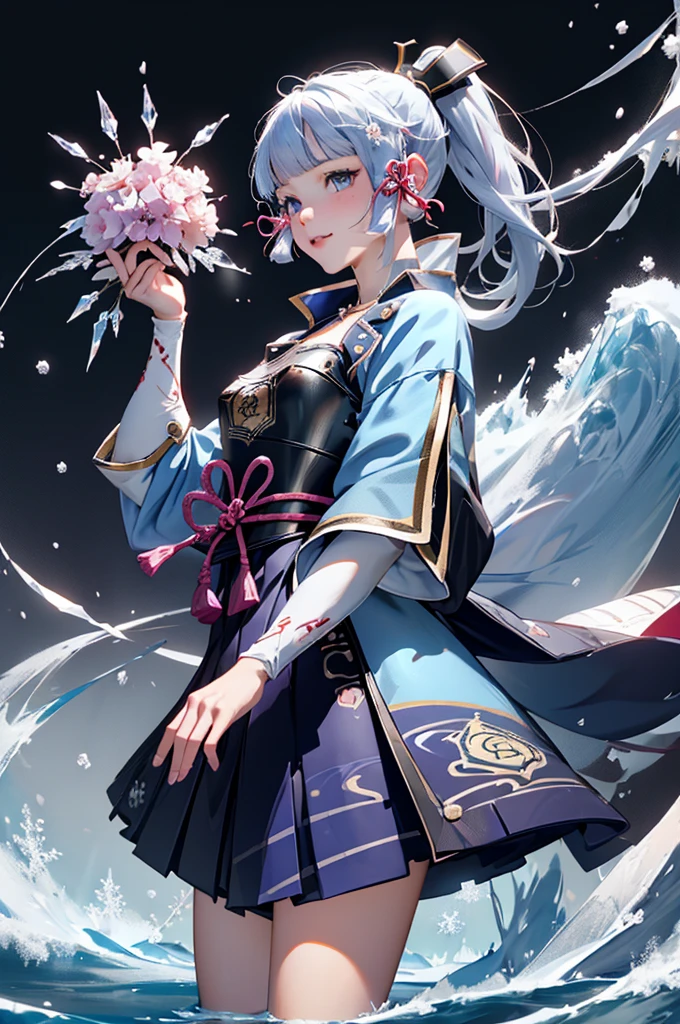 ((kamisatoayakadef)),1 Anime Girl, Warrior, Realistic people,Realistic, beautiful, smile, elegant, Majestic, Splash Art, Particles of light, Diamond Blade, (Cold Energy, Cold Blast, cold water: 1.4) Dynamic pose, ((fan、fanを持っている))((fanを広げる)),milky way, (Fractal Art:1.1), (colorful:1.1),(iceの花:1.4), (Spiral Splash), Most detailed,(抽象的なbackground:1.1), (Shiny skin), (Many colors:1.4), Ultra-high resolution, retina, masterpiece, Accurate, Anatomically correct, texture.(background:ice, snow, crystallization)