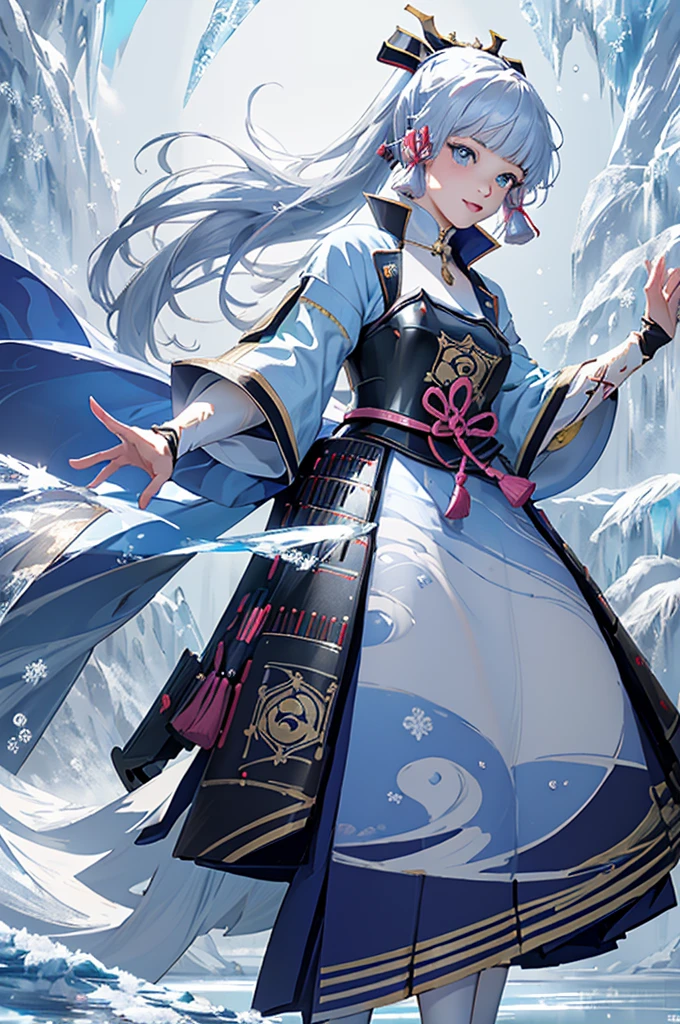 ((kamisatoayakadef)),1 Anime Girl, Warrior, Realistic people,Realistic, beautiful, smile, elegant, Majestic, Splash Art, Particles of light, Diamond Blade, (Cold Energy, Cold Blast, cold water: 1.4) Dynamic pose, ((fan、fanを持っている))((fanを広げる)),milky way, (Fractal Art:1.1), (colorful:1.1),(iceの花:1.4), (Spiral Splash), Most detailed,(抽象的なbackground:1.1), (Shiny skin), (Many colors:1.4), Ultra-high resolution, retina, masterpiece, Accurate, Anatomically correct, texture.(background:ice, snow, crystallization)
