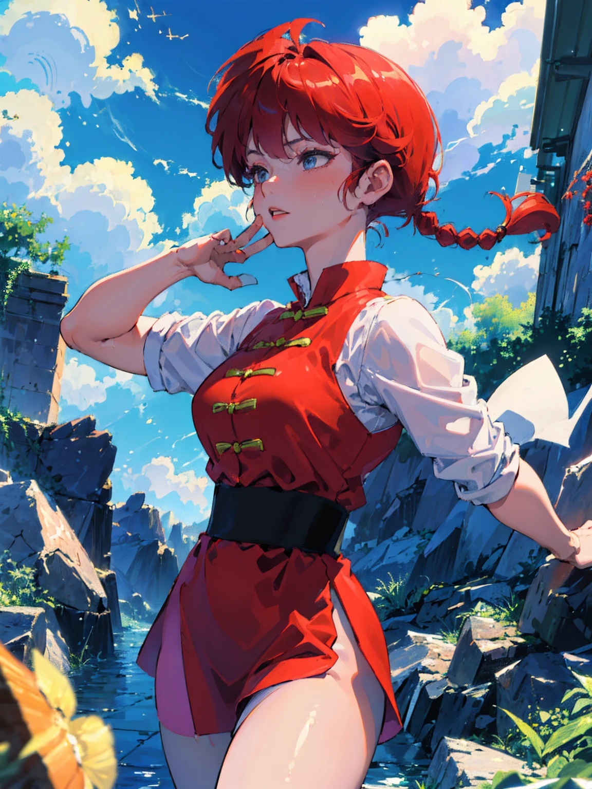 ((masterpiece:1.4)), expensive quality, very_expensive_solve, big_file size, Full Color, Thick outline, Clear contours, colorful, (Beautiful fine details, Are thin:1.4), ((Beautiful Face:1.0)), ((Boyish face:1.4)), 1 girl, (Ranma), (Redhead), short hair, (Braided Ponytail), ((bangs)), bumpy bangs, Blue-gray eyes, Big Breasts, Curvy, Ranma, Braided Ponytail, (Red Chinese Clothing, Short sleeves in red), No sleeve, Tangzhuang, Black trousers, Are standing, ((, Are thin:1.4)), ((from the front:1.4)), Are thin:1.4
