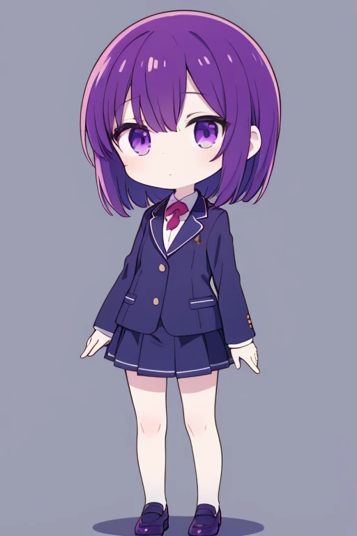a very beautiful chibi anime girl, simple flat background, full body, standing, highly detailed face and eyes, clearly outlined, solo,purple with pale eyes and hair color,short hair,hands at sides,age about 30 years old,the clothes are in a suit,wearing a skirt