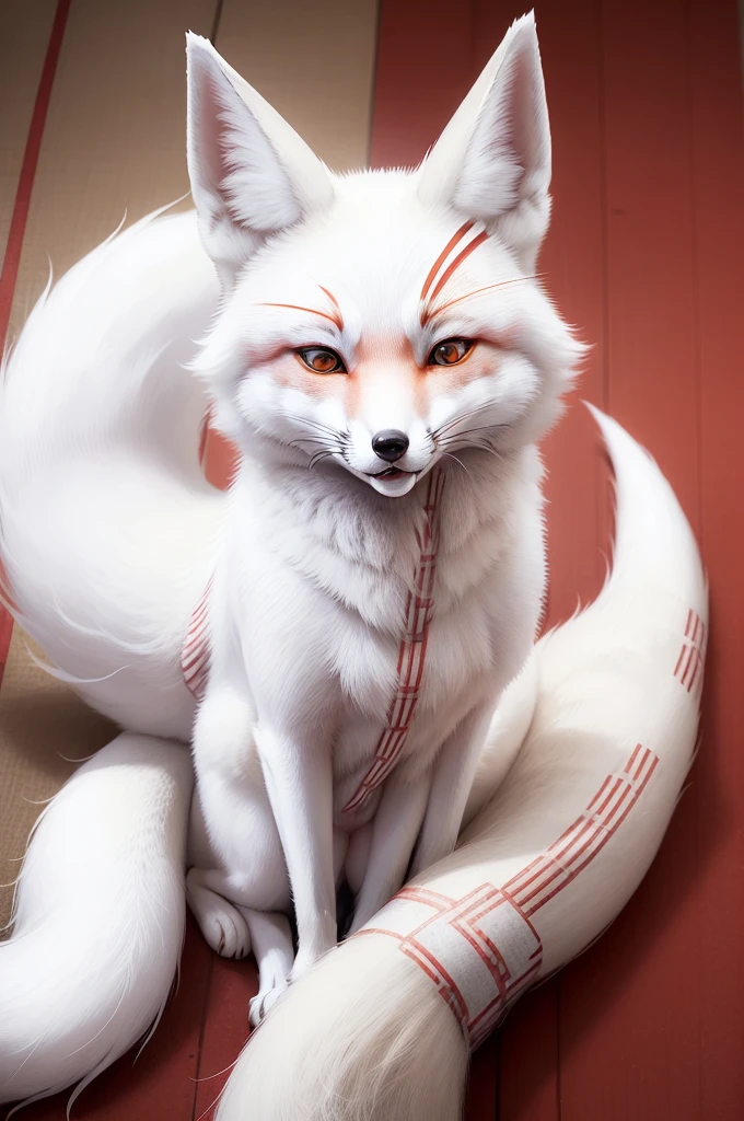(((a white Japanese fox with red lines)))