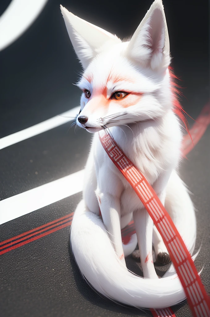 (((a white Japanese fox with red lines)))
