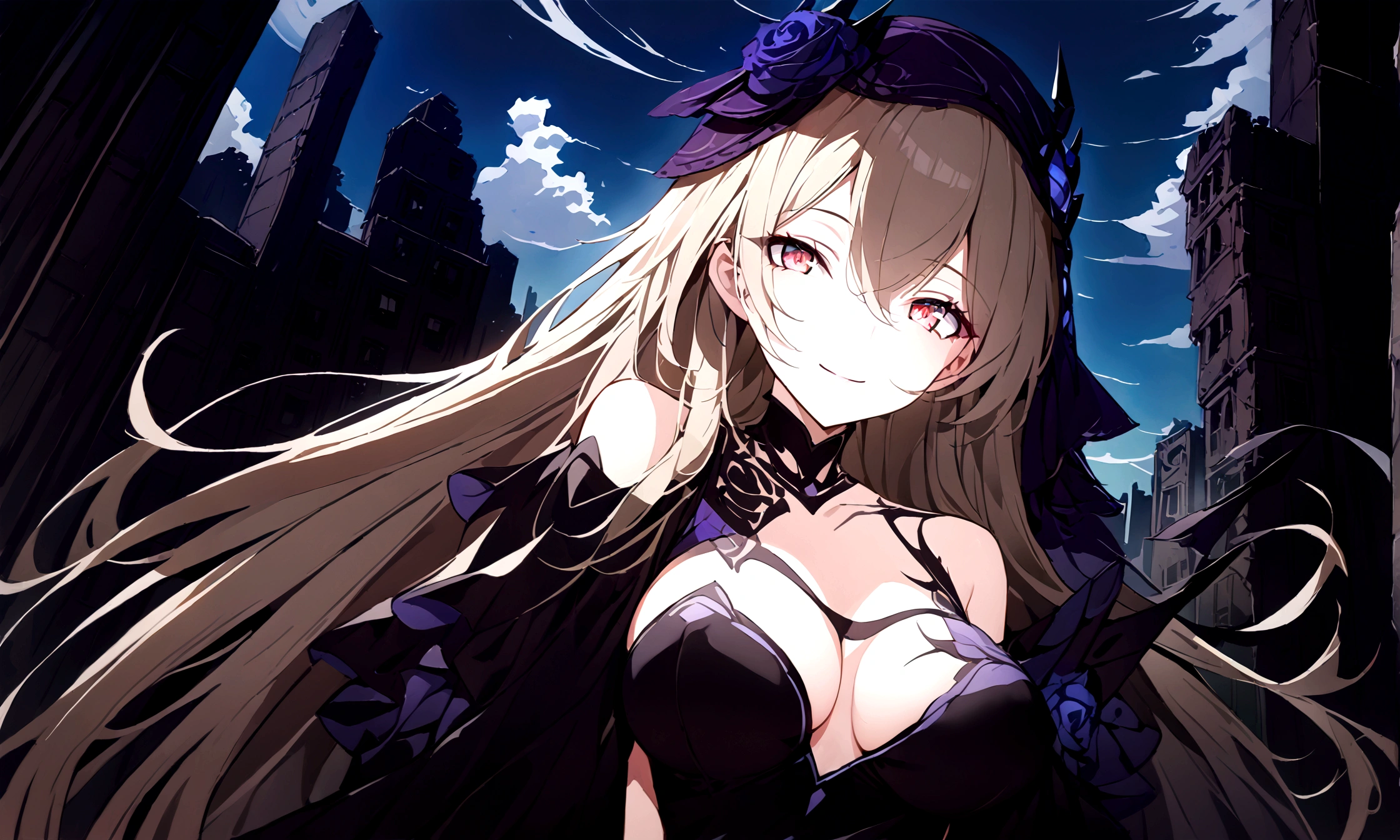 (best quality, highres, masterpiece : 1.4), (flatten art : 0.8), masterpiece, (best quality), 1woman, anime, beige long hair, fair skin, faint red eyes, black and purple headress, medium sized breast, calm smile, (detailed face), black dress, city ruin, close-up, alluring, dynamic angle, eyes to the viewer, sunny day