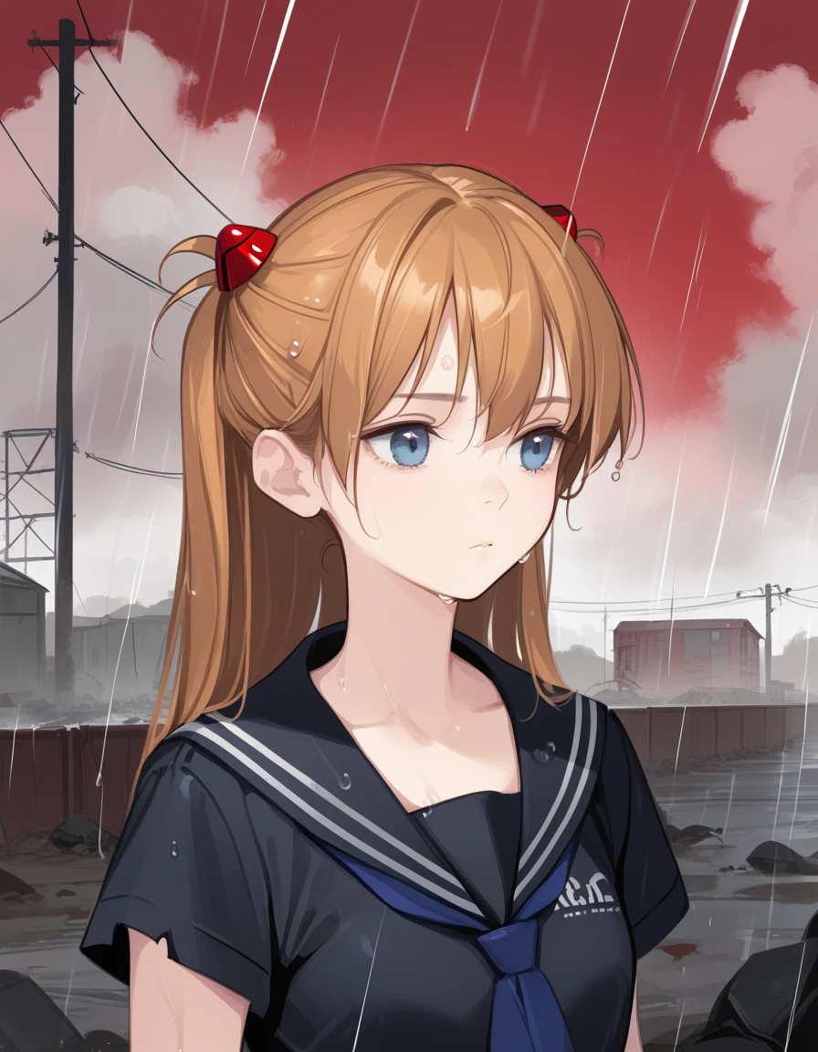 score_9,score_8_up,score_7_up,hd5,ama_mitsuki,1girl,souryuu asuka langley, expressionless, short sleeves serafuku,upper body,hair flip,wasteland,post-apocalypse, destroyed city,red sky,black cloud,wet,rain