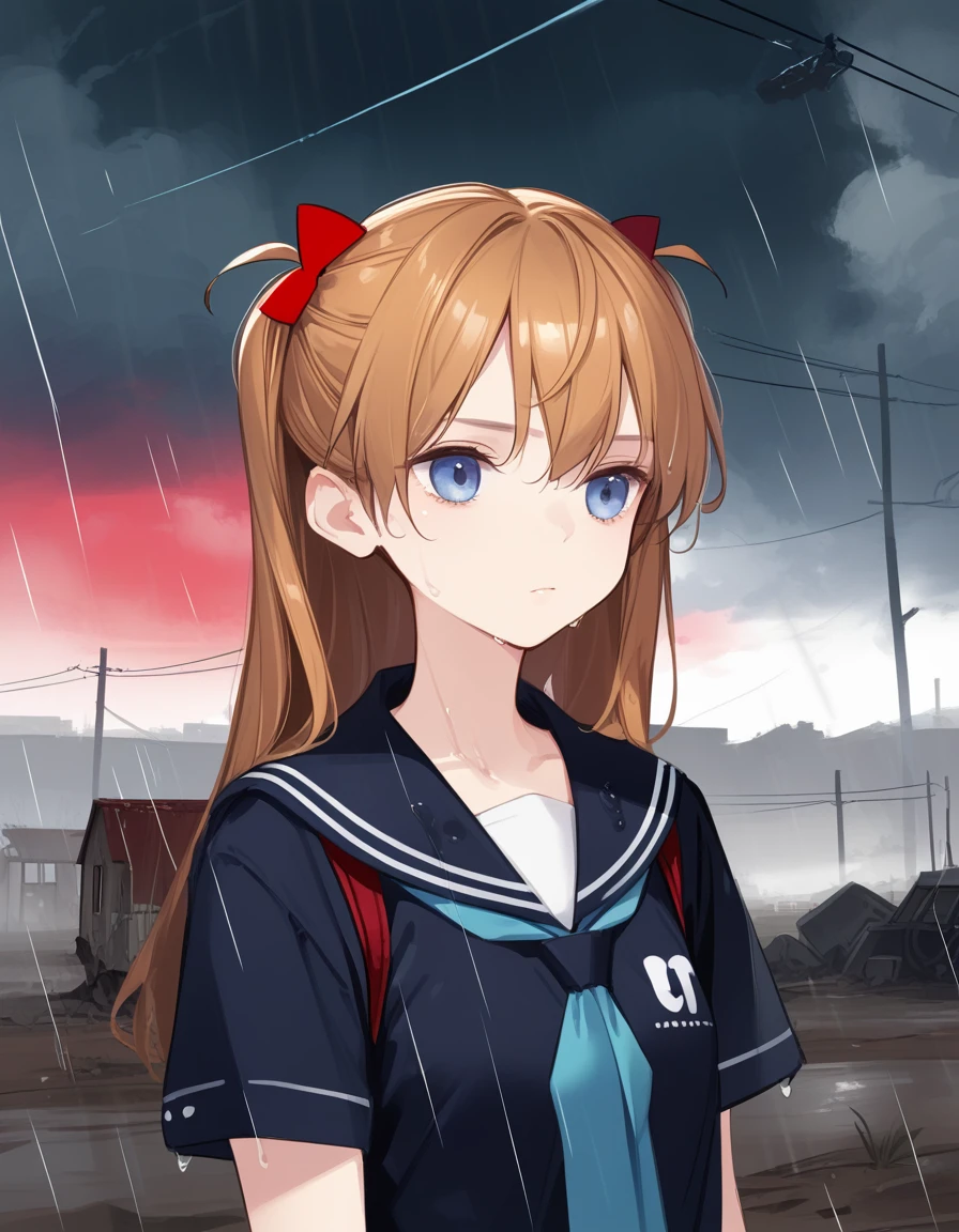 score_9,score_8_up,score_7_up,hd5,ama_mitsuki,1girl,souryuu asuka langley, expressionless, short sleeves serafuku,upper body,hair flip,wasteland,post-apocalypse, destroyed city,red sky,black cloud,wet,rain