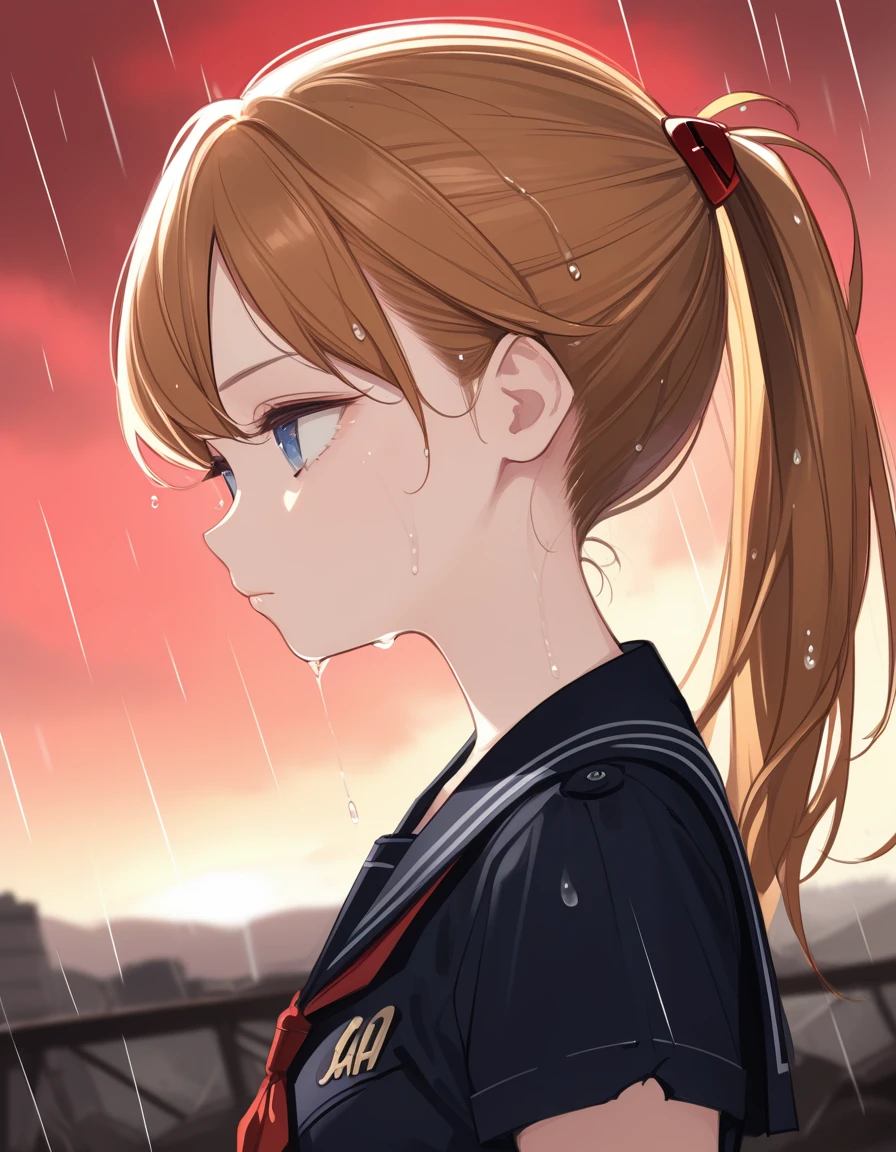 score_9,score_8_up,score_7_up,hd5,ama_mitsuki,1girl,souryuu asuka langley, expressionless, short sleeves serafuku,upper body,hair flip,wasteland,post-apocalypse, destroyed city,red sky,black cloud,wet,rain