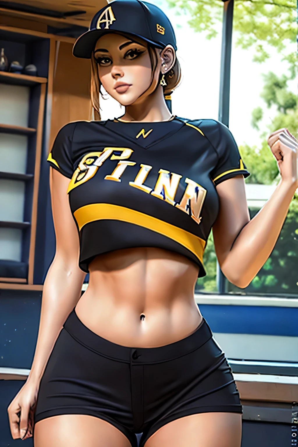 masterpiece, best-quality, ultra_detailed, a beautiful woman wearing seductive baseball attire, cropped baseball jersey, black baseball booty shorts, ample curvaceous, highly detailed face, ample hips, insanely detailed accentuated big booty with phenomenal detailed booty cheeks, cameltoe, attractive thick thighs, highest quality, street art, in the style of Greg Manchess, hyperrealistic, smooth, sharp focus, baseball arena