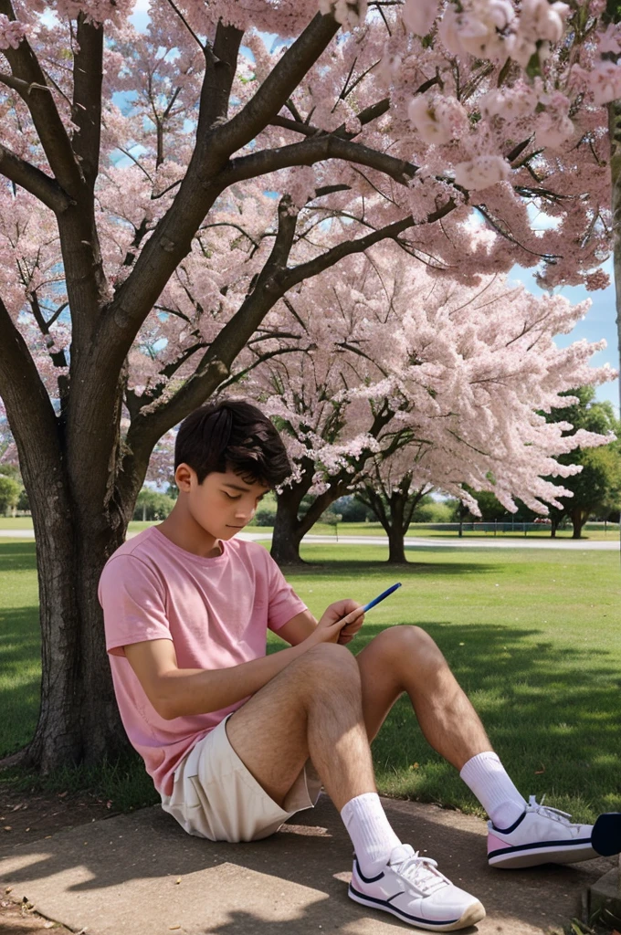 A boy with pen and dairy sitting under the pink tree and writing something