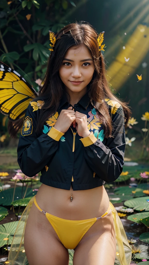 realistic 3D of transparent butterfly wings decorated with colorful flowers and lightning, beautiful Indonesian woman with clean face, long blue-brown hair, wearing black shirt yellow jacket, sweet smiling finger heart pose, red love emblem with name "SUSANITAH", emblem banner with yelow pink lotus grass, dark green violet leaves background, thousands of small hearts flying, Colourful smoky effect, cinematography