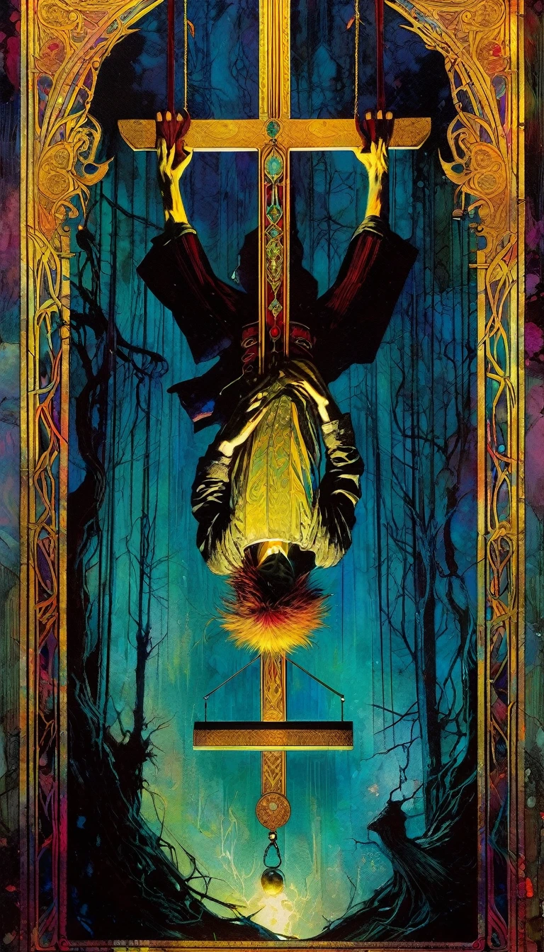 ((tarot card)) the hanged man, bill sienkiewicz art, intricate details, vivid colors, oil painting, surreal, dramatic lighting, cinematic composition, masterpiece, photorealistic, 8k, high resolution