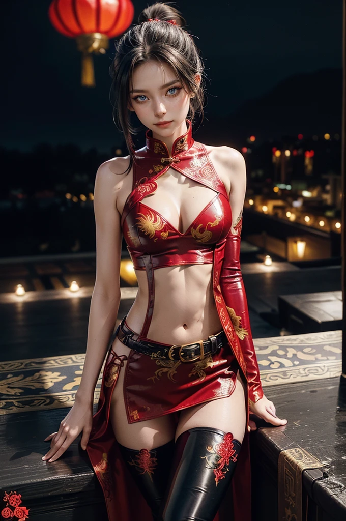 (RAW photo, best quality), Cute girl with short black hair, (ponytail), (city roof at night background), low light , dark eyeliner, cute smile, gorgeous face , super cute, 18 years old , young looking, hyper detailed face, dark eyeliner, (medium breast), (thin waist, super slender), (bare shoulders, (exposed hips), skintight and red PVC qipao china dress with yellow dragon decoration and vivid patterns, deep black leather thigh high boots, red PVC arm sleeves with yellow flower decorations and vivid patterns, cleavage, ((both hands on waist)), one leg in front of the other, (((very extremely small small navel exposure))), (metal silver belt)