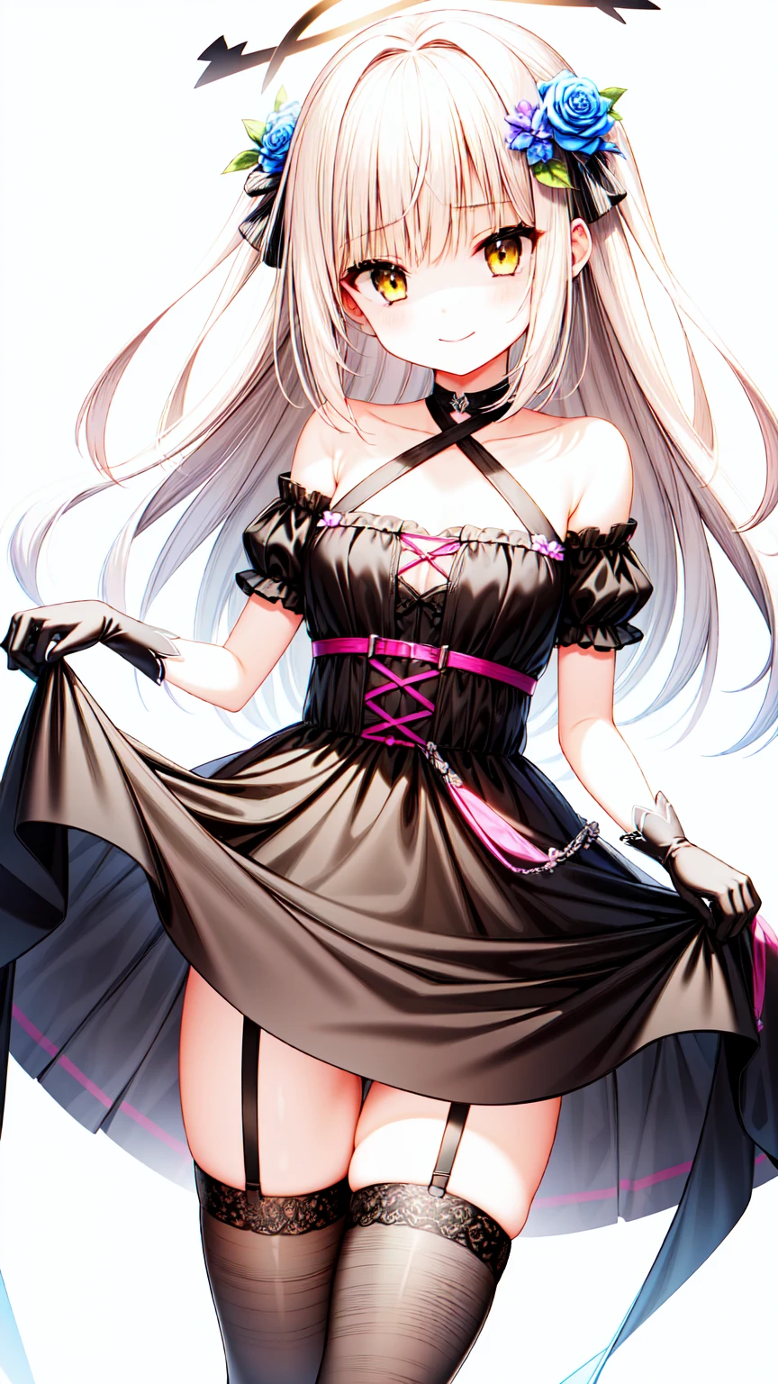 1girl, dress, solo, shaded face, small breasts, long_hair, hair_ornament, gloves, black_dress, thighhighs, hair_flower, flower, elbow_gloves, yellow_eyes, halo, looking_at_viewer, black_thighhighs, halterneck, black_gloves, smile, closed mouth, criss-cross_halter, rose, bare_shoulders, white_hair, frills, clothes_lift, frilled_dress, skirt_hold, two arm holding skirt, cleavage cutout, garter belt, garter straps, simple background, white background