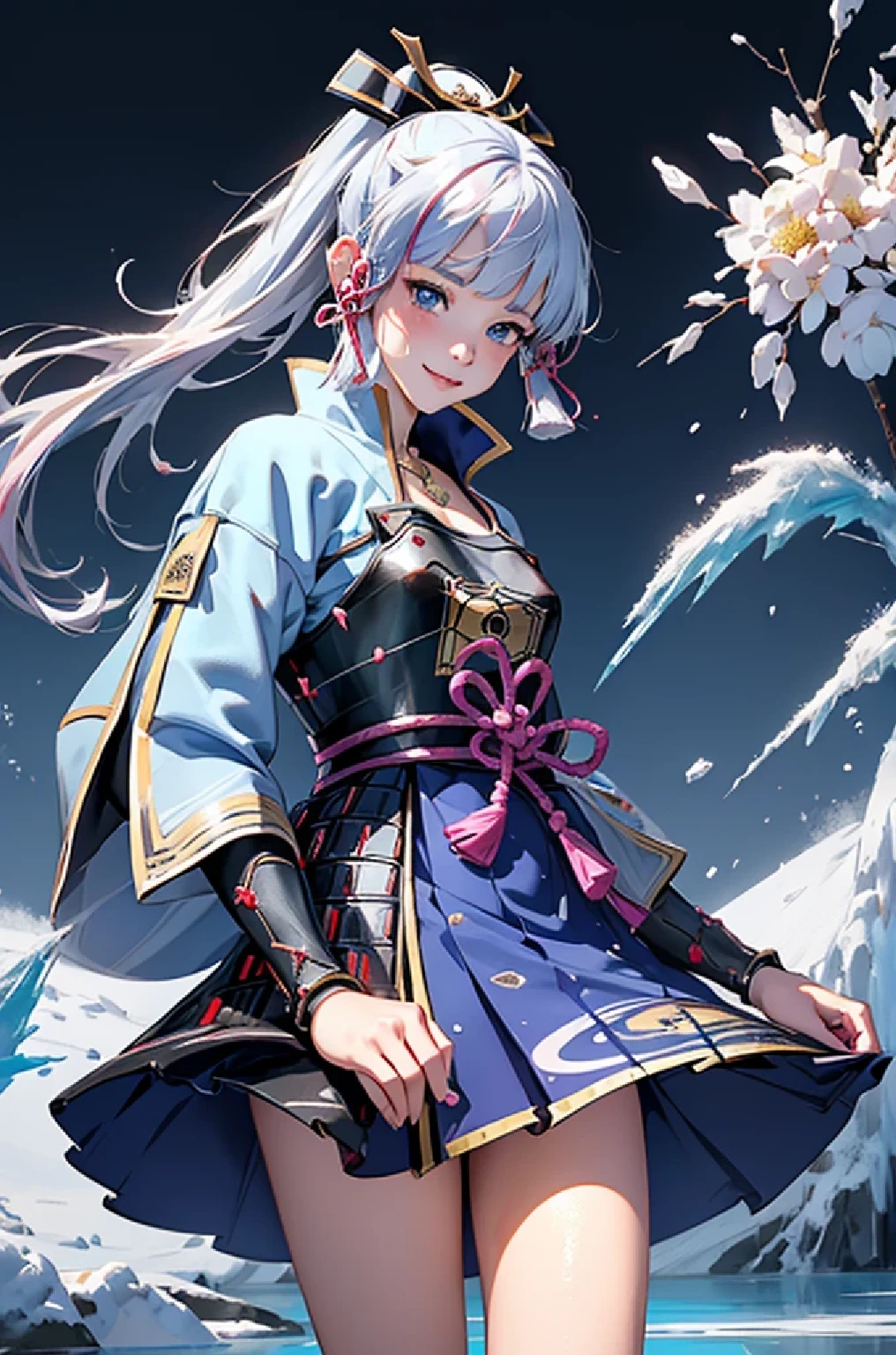 ((kamisatoayakadef)),1 Anime Girl, Warrior, Realistic people,Realistic, beautiful, smile, elegant, Majestic, Splash Art, Particles of light, Diamond Blade, (Cold Energy, Cold Blast, cold water: 1.4) Dynamic pose, ((fan、Have a fan))((Expand your fan base)),milky way, (Fractal Art:1.1), (colorful:1.1),(Ice Flower:1.4), (Spiral Splash), Most detailed,(Abstract background:1.1), (Shiny skin), (Many colors:1.4), Ultra-high resolution, retina, masterpiece, Accurate, Anatomically correct, texture.(background:ice, snow, crystallization)