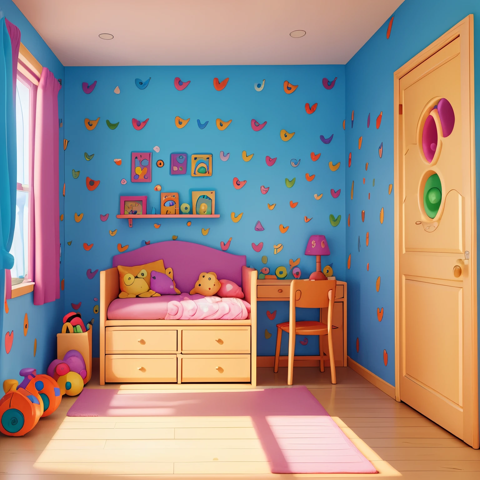 CREAT A HIGH RESOLUTION A small children's room, full of toys, vibrant colors and charming decorations. The walls covered with children's drawings and colorful posters stand out. A special element is the closet door, which serves as a portal to the world of monsters. Hyper realistic, super realistic, 8K. HIGH QUALITY - FULL HD A small children&#39;s room, full of toys, vibrant colors and charming decorations. The walls covered with children&#39;s drawings and colorful posters stand out.. A special element is the closet door, which serves as a portal to the world of monsters. The way this room is represented in the film helps convey the innocence and imagination of the character Boo.. hyper realist, super realistic, 8K. HIGH QUALITY - FULL HD , children&#39;s decoration: The room is decorated in a way that reflects the taste of a human , with soft colors and elements that remind you of your real world. Toys and Plush: There are many toys scattered around the room, including plush animals and characters that a would likely have in their own room. Bed and Furniture: Boo&#39;s bed is simple and suitable for a small , with colorful and comfortable sheets. There is also other basic furniture like a dresser and shelves for your toys.. Books and Personal Objects: You can see children&#39;s books and other personal objects that reveal a little more about Boo&#39;s personality and interests. Magical Elements: As Boo is a special little girl who can cross between the monster world and the human world, Your room has an aura of mystery and magic, even if the monsters don&#39;t fully understand their human belongings. create 5 wall models with the same tones, high quality, full HD
