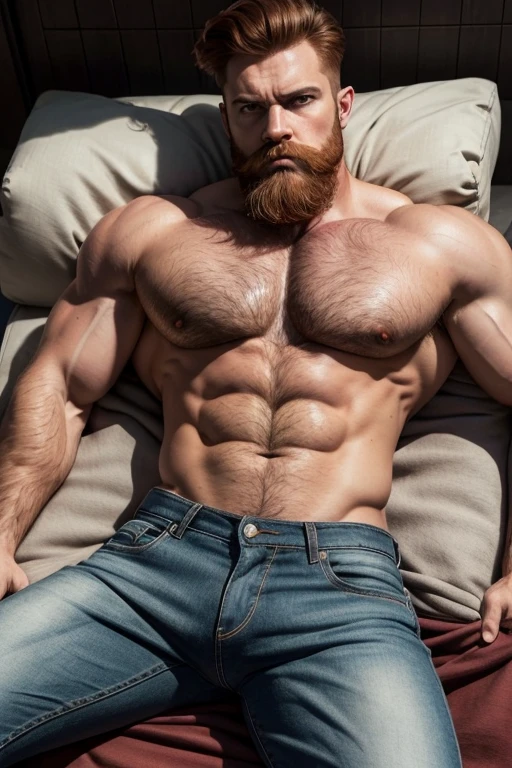 Masterpiece, Best Quality, Ultra-Detailed, muscular, bearded, thick mustache, imposing man [intense look], Intimidating presence, male figure,[imposing shadows],gritty realism, extreme detailed description, wide shoulders, green eyes, detailed eyes, brilliant eyes, handsome eyes, red hair, ginger hair, ginger beard, [chin stubble], imposing silhouette, bright colors, distinctive beard style, sharp focus, Unyielding pose, sense of authority, gray jeans (((big bulge) (((lay down)))
