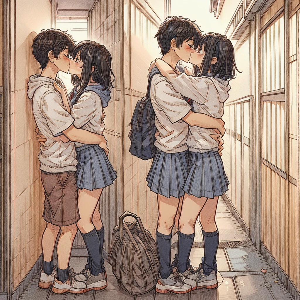 (best quality:0.8) perfect anime illustration, a pretty, happy woman with long straight black hair and red glowing eyes on the street in the city, wearing a hoodie, skirt, and, happy man with short straitght brown hair and dark red eyes, wearing black pants, dark blue skirt, face to face, kissing, kiss girlfriend, kissboyfriend, hetero couple kiss, romantic couple, 1 boy and 1 girl, 