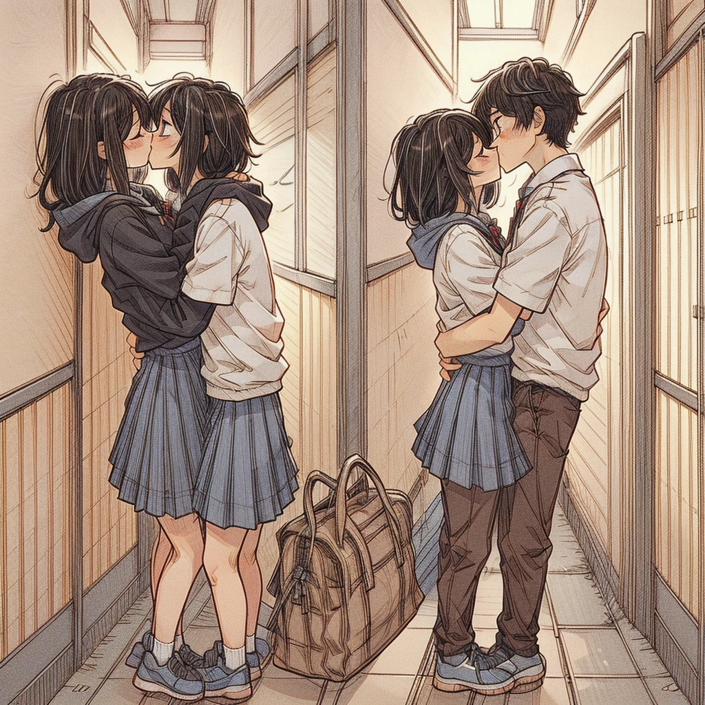 (best quality:0.8) perfect anime illustration, a pretty, happy woman with long straight black hair and red glowing eyes on the street in the city, wearing a hoodie, skirt, and, happy man with short straitght brown hair and dark red eyes, wearing black pants, dark blue skirt, face to face, kissing, kiss girlfriend, kissboyfriend, hetero couple kiss, romantic couple, 1 boy and 1 girl, 