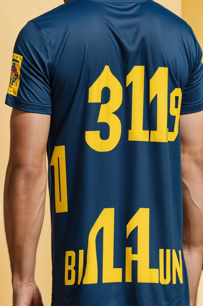 Barcelona Ecuador t-shirt with dark blue back with the giant number 19 in the middle of the back of the t-shirt, the front of the yellow t-shirt with the logo on the right side, yellow and blue sleeves