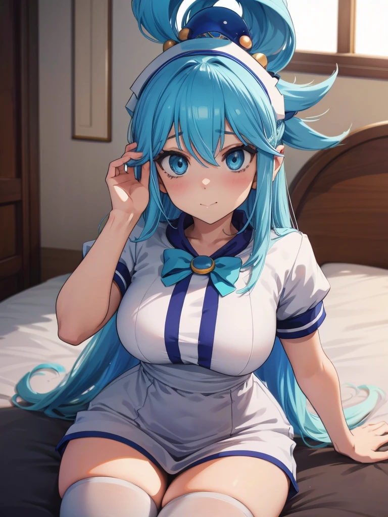 Best Image Quality, 8 k, high quality, masterpiece:1.2), ((masterpiece)), (high detail, high quality, Best Image Quality), solo, 1 girl, Konosuba ,aqua, detailed face, A smirk on his face,, looks at the viewer, detailed clothing, detailed fabric, Hair rings, nurse costume, stockings, big breasts, middle thighs, Bedroom, Bed, sitting on the bed