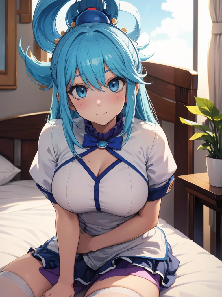 Best Image Quality, 8 k, high quality, masterpiece:1.2), ((masterpiece)), (high detail, high quality, Best Image Quality), solo, 1 girl, Konosuba ,aqua, detailed face, A smirk on his face,, looks at the viewer, detailed clothing, detailed fabric, Hair rings, nurse costume, stockings, big breasts, middle thighs, Bedroom, Bed, sitting on the bed