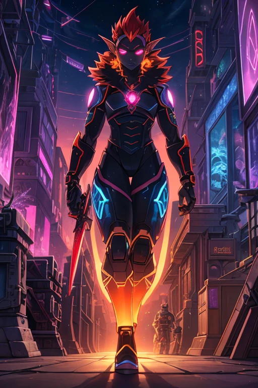 Niji mode. Full body, vampire elf wizard, secret agent, wearing a thin and elegant suit with glowing magic circuits, holding a long sword with glowing magic carvings and long handle, technological boot with glowing magic circuits, ruby eyes, dark red hair, orange skin , bright red tattoos, ruby piercings, looking at the viewer, detailed face. Atompunk, android, cyborg, mechanical parts with magic stones, magic glowing eyes, advanced technology mixed with magic, magic circuits, gears made of magic materials, developed by Technological Magic. Walking in the middle of a magical atompunk metropolis mixing technology and vegetation, particle effects, wide and deep scenery, with multiple planes of depth, cinematic and dynamic scene with a sense of movement, view of magical bright lights reflecting the scene, stylish pose, aura lights, glowing technological cables, epic atmosphere, magic tools, old anime style, Studio ghibli, metal hurlant, artbook, RPG fantasy.
