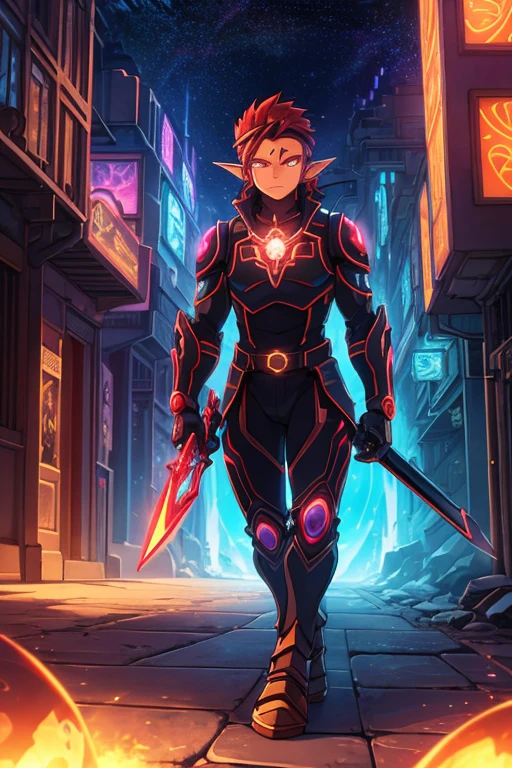Niji mode. Full body, vampire elf wizard, secret agent, wearing a thin and elegant suit with glowing magic circuits, holding a long sword with glowing magic carvings and long handle, technological boot with glowing magic circuits, ruby eyes, dark red hair, orange skin , bright red tattoos, ruby piercings, looking at the viewer, detailed face. Atompunk, android, cyborg, mechanical parts with magic stones, magic glowing eyes, advanced technology mixed with magic, magic circuits, gears made of magic materials, developed by Technological Magic. Walking in the middle of a magical atompunk metropolis mixing technology and vegetation, particle effects, wide and deep scenery, with multiple planes of depth, cinematic and dynamic scene with a sense of movement, view of magical bright lights reflecting the scene, stylish pose, aura lights, glowing technological cables, epic atmosphere, magic tools, old anime style, Studio ghibli, metal hurlant, artbook, RPG fantasy.