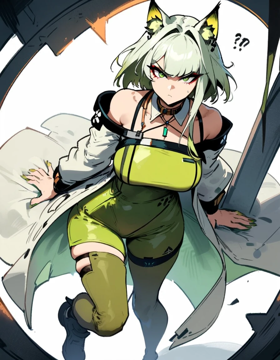 1girl, kal'tsit \(arknights\), arknights \\\\\ masterpiece, best quality, very aesthetic, absurdres, newest \\\\\\ slim body,///// ,by nyantcha,cutesexyrobutts , by khyle,,////// ,,,, , ,,detailed face, , ,, , , , , beautiful face, (white background:1.2), , sexy, , serious.angry, green eyes, animal ears, , ,,,big tits,), in the center of the frame,,, ,wears a lab coat, ,full body , solo