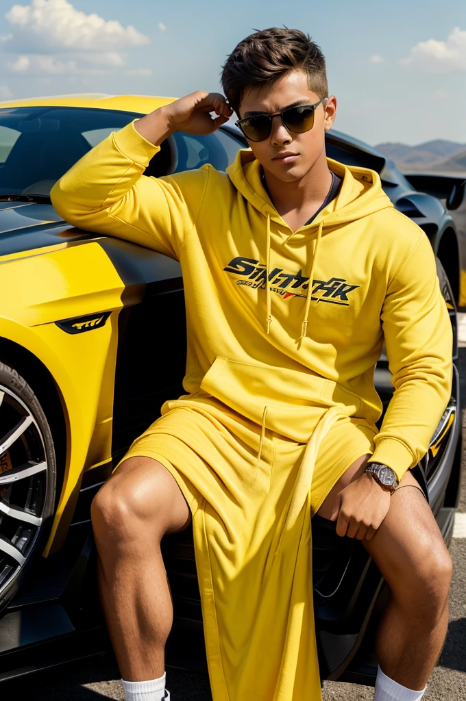 A boy is wearing a yellow hodie,sunglasses and sitting on a supercar mustang, and lookink straight.