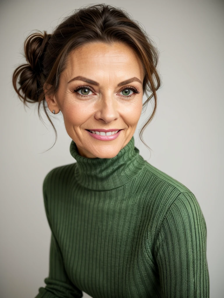 photo of a skinny very old wrinkly-faced faced mature brunette prostitute with fake eyelashes and plump-enhanced lips, messy long hair thrown into a messy bun ponytail. She wears: (turtleneck soft high ribbed bright green super tight sweater:1.1), submissive seductive pose, high tight ribbed neck, seductive smile, perfect fake tits, horny eager granny