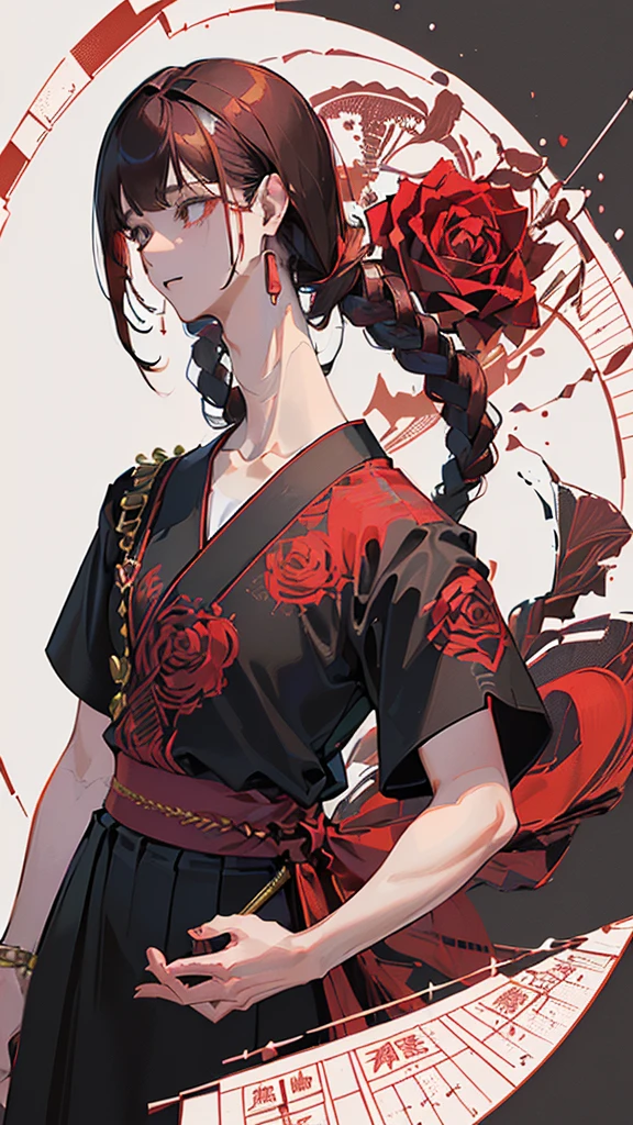 ((Bob Wolfe，Half Up，dark red，Red-brown，Smooth))hair，((((Rose Pattern))Short sleeves))shirt，((Blackの))tie，Roll up your sleeves，((Black，Japanese style))pants，((((On the back of the right hand))Compass))Tattoo，((((Lots of stuff on my left arm))Hexagram))Tattoo，1 person，((A boy with his body facing forward))Character portrait，White background
