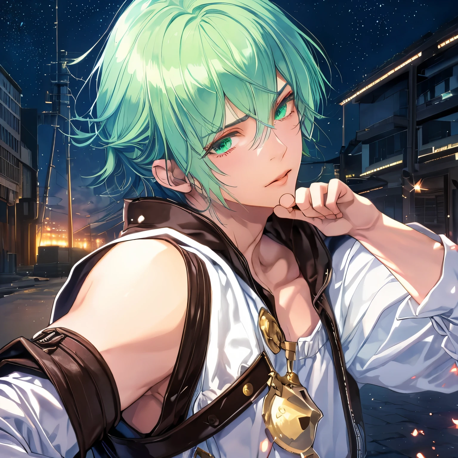 ‪ (masterpiece, 8K, Absurd, Digital Art, Digital Illustration, Realistic, Very detailed, Realistic lighting), (Perfect Face, Perfect Eyes, Perfect body), male,1 person, 20代の若いネクロマンサーのmaleが、Holding a green spell in his left hand、He strikes a cool pose while sending out lots of sparks all around him.。; A destroyed city can be seen in the background.; Night Sky; Attention to detail; masterpiece;