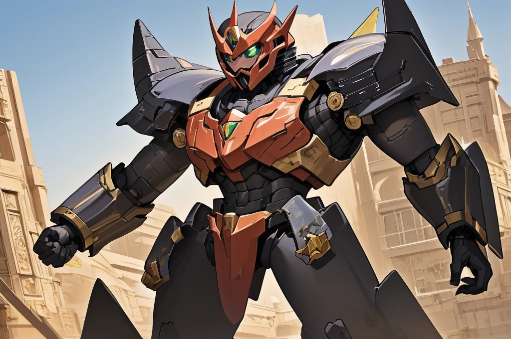 high resolution、masterpiece、Fantasy anime world、middle East、Golem Charmer、Young Beard、and a golem like Megazord