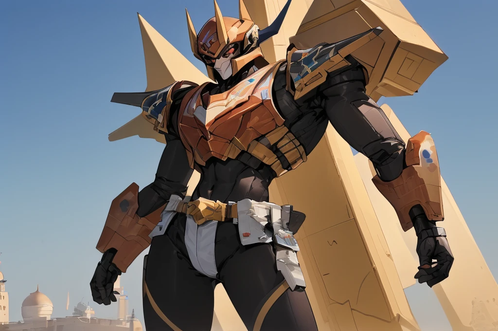 high resolution、masterpiece、Fantasy anime world、middle East、Golem Charmer、Young Beard、and a golem like Megazord