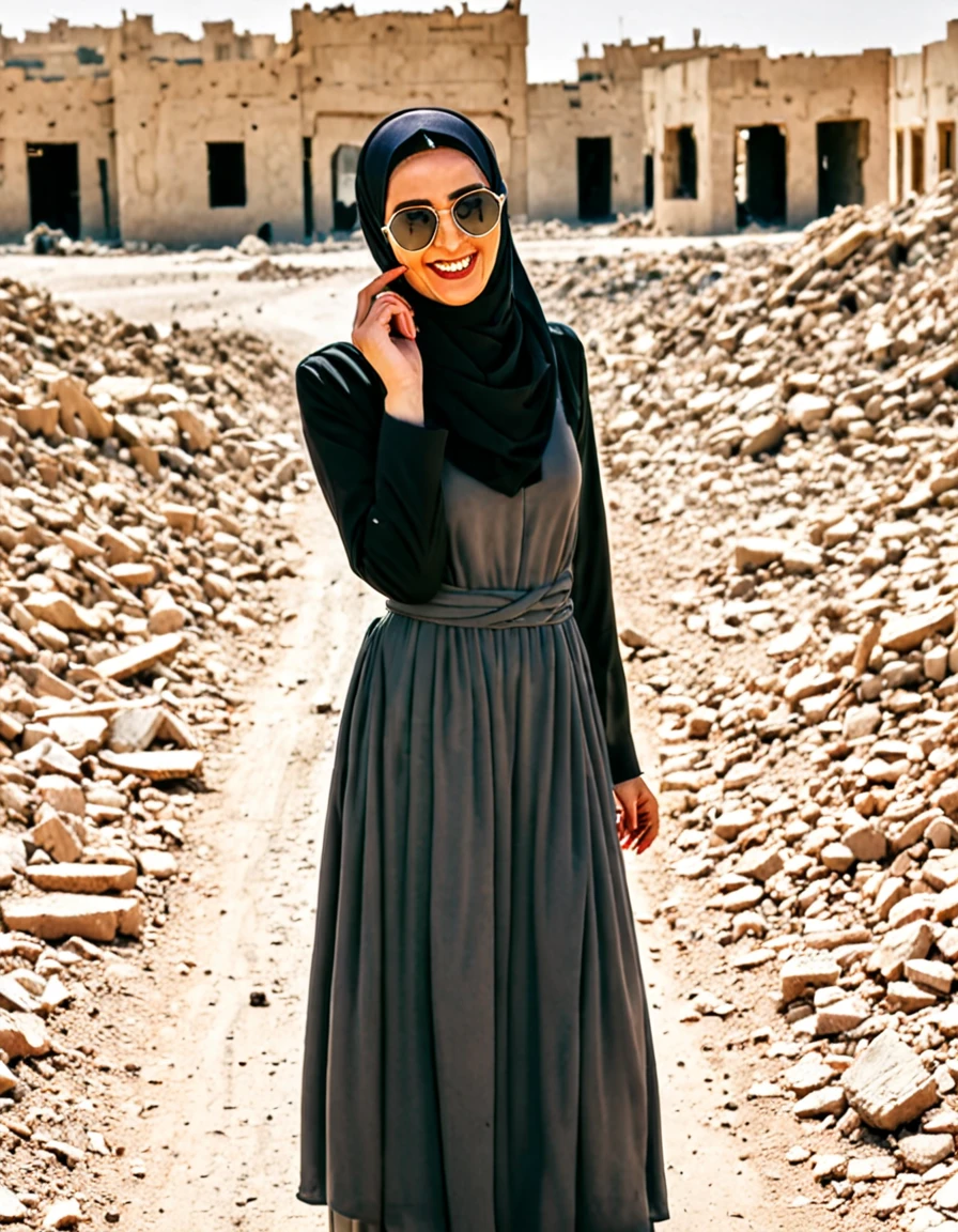 Pale skin Kurdish sunglasses woman in hijab standing in demolished street desert laughing thumb sign  