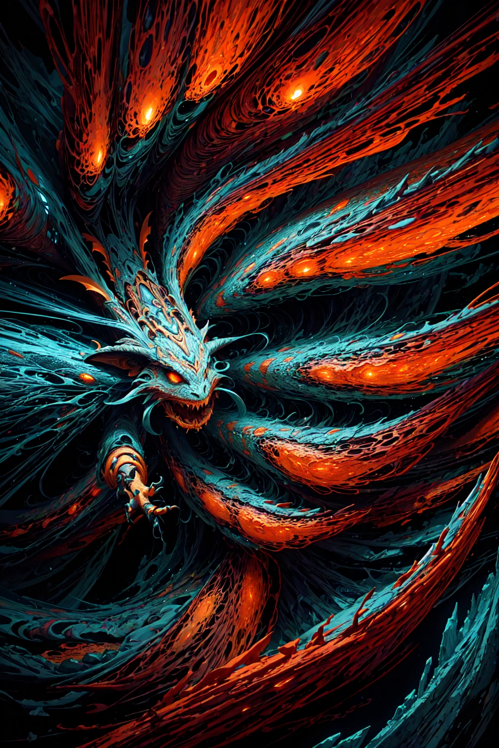 a chaotic fractal and psychedelic art filled with various dragons, highly detailed, 8k, cinematic lighting, dark fantasy, dramatic colors, dark moody atmosphere, intricate patterns, abstract surreal landscape, mystical, ethereal, glowing energy, epic proportions.