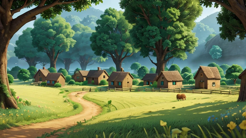 Image of a village surrounded by green fields and dense forest. 8K. Pixar-style, uhd, High definition.