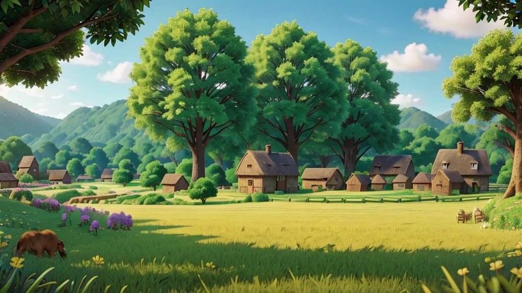 Image of a village surrounded by green fields and dense forest. 8K. Pixar-style, uhd, High definition.