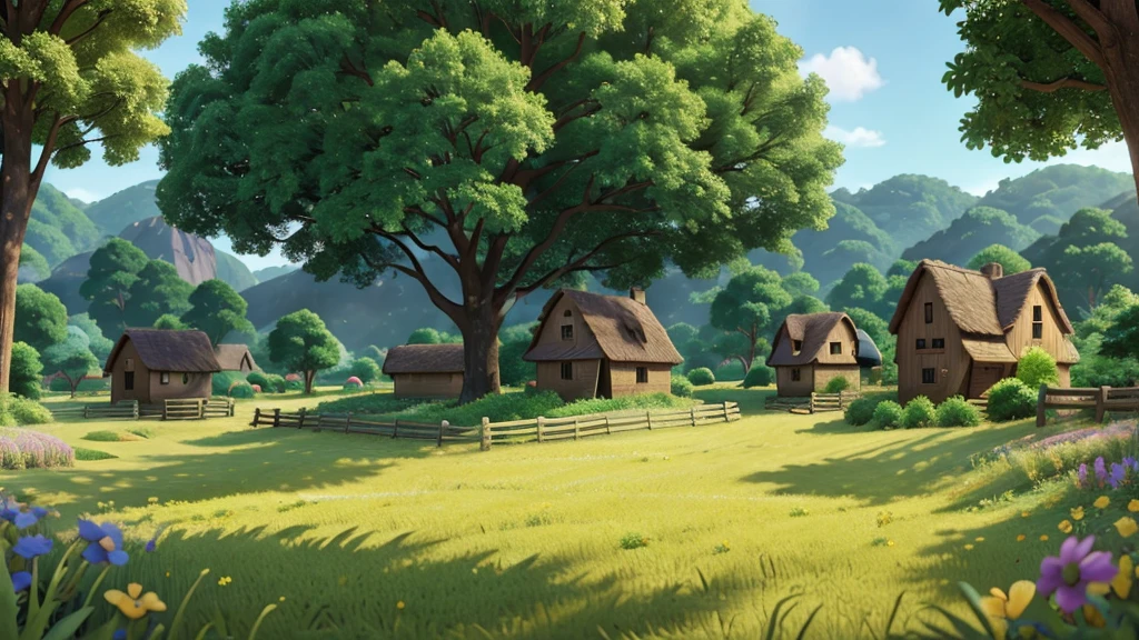 Image of a village surrounded by green fields and dense forest. 8K. Pixar-style, uhd, High definition.