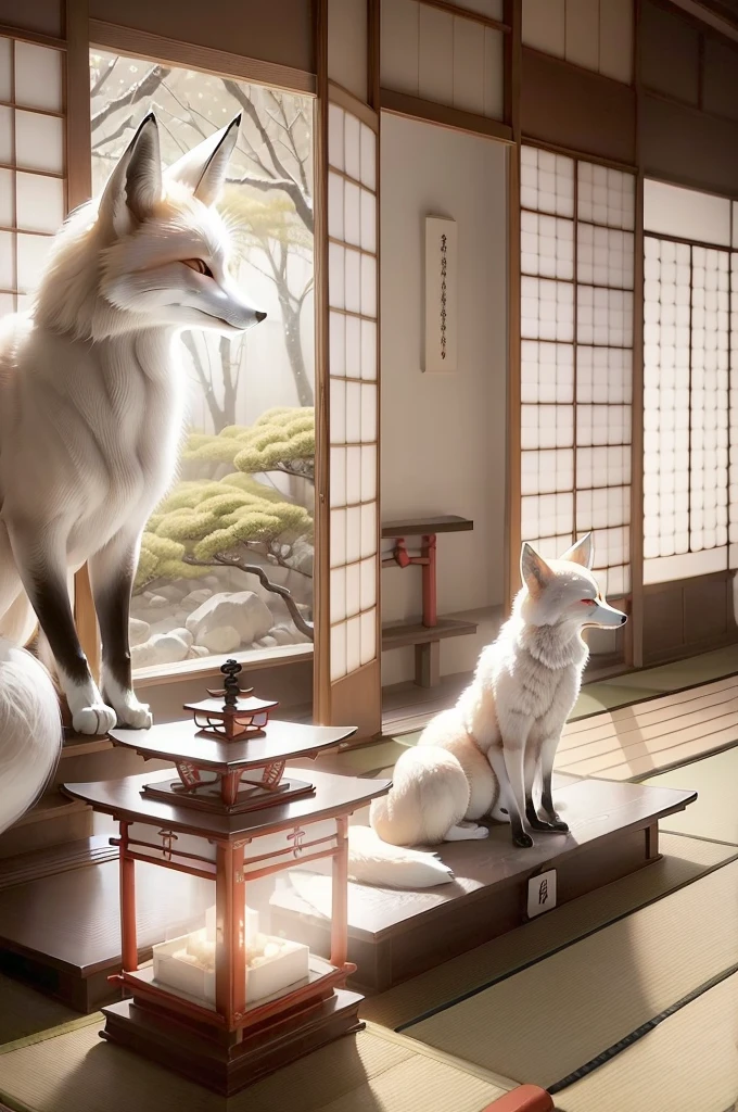 (((a white sacred Japanese fox))), ((sacred light)), simple altar background