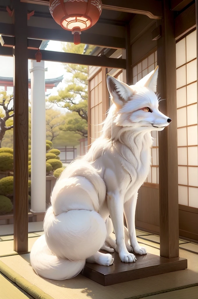 (((a white sacred Japanese fox))), ((sacred light)), simple altar background
