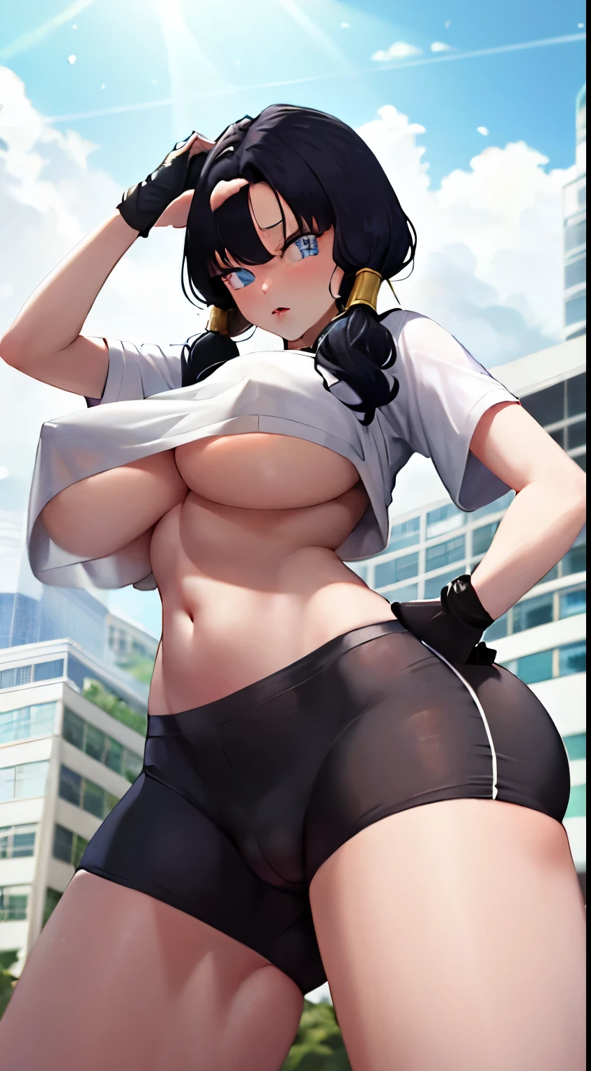 erect nipples, Underboob, Lifting her shirt, Exhibitionist, Big Breasts, tops up, Videl's breasts measure 106 cm, masterpiece, best quality, highres, videl2, solo, blue eyes, black hair, twintails, black gloves, bike_shorts, bangs, white shirt, badge, cowboy shot, frown, hand on hip, leaning forward, pointing at viewer, Big Breasts ,Nsfw , Focus crotch, detailed and sexy crotch , POV, WEARING SPORTS SHORTS, hands on the hips 