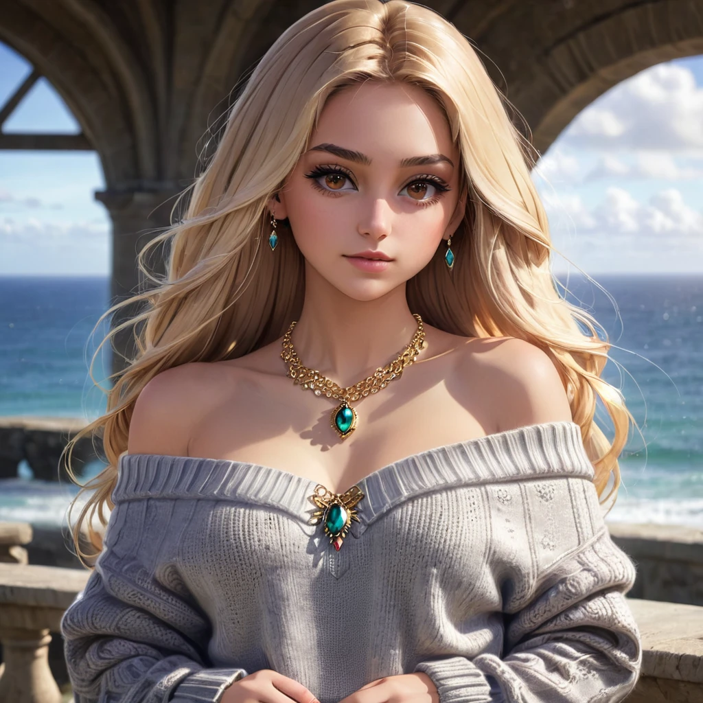 1 girl, Age 19, alone, long hair, giant , looking at viewer, blonde hair, bare shoulders, brown eyes, jewel-like, whole body, necklace, off shoulder, sweater, realistic, sexy