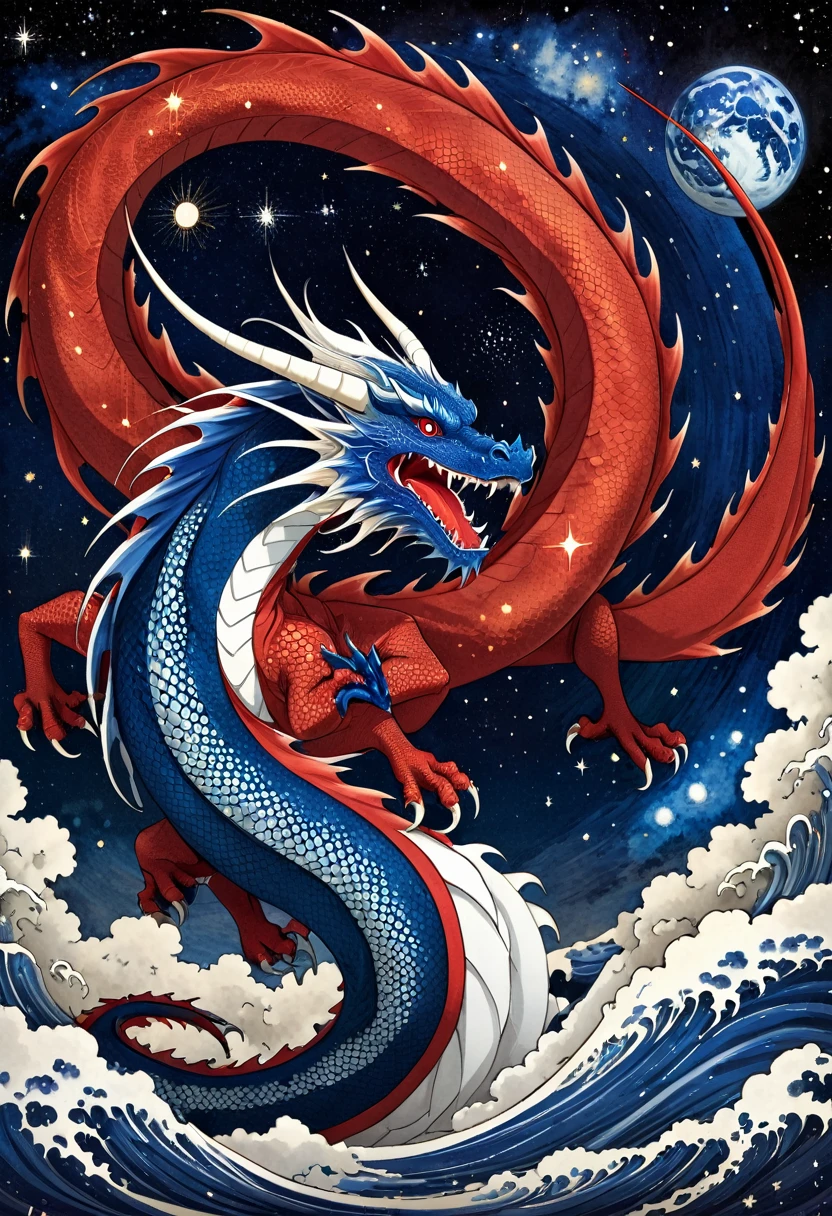 drawing of a red-blue-white dragon against the Earth, starry sky, inspired by Kano Hogai, inspired by Kono Michisei, inspired by Katsushika Oi, Otto Stark, Max Klinger, Urakusai Nagahide, Charles Vess, Leo Goetz, Chtulhu