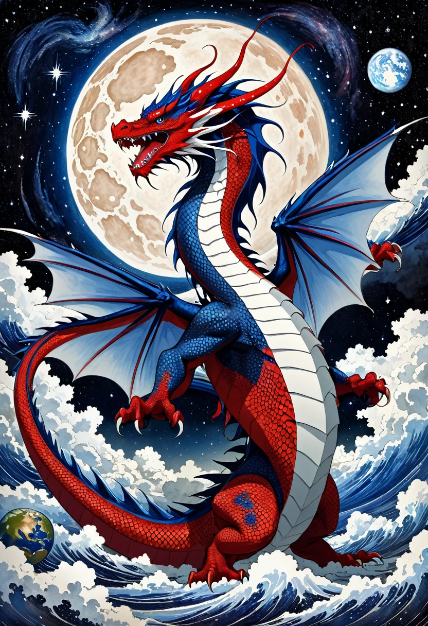 drawing of a red-blue-white dragon against the Earth, starry sky, inspired by Kano Hogai, inspired by Kono Michisei, inspired by Katsushika Oi, Otto Stark, Max Klinger, Urakusai Nagahide, Charles Vess, Leo Goetz, Chtulhu