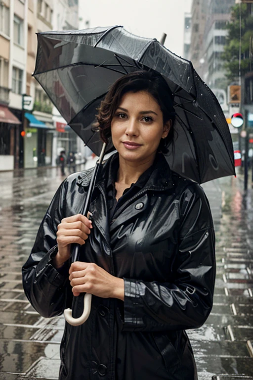 40 year old lady in the rain with umbrella happy