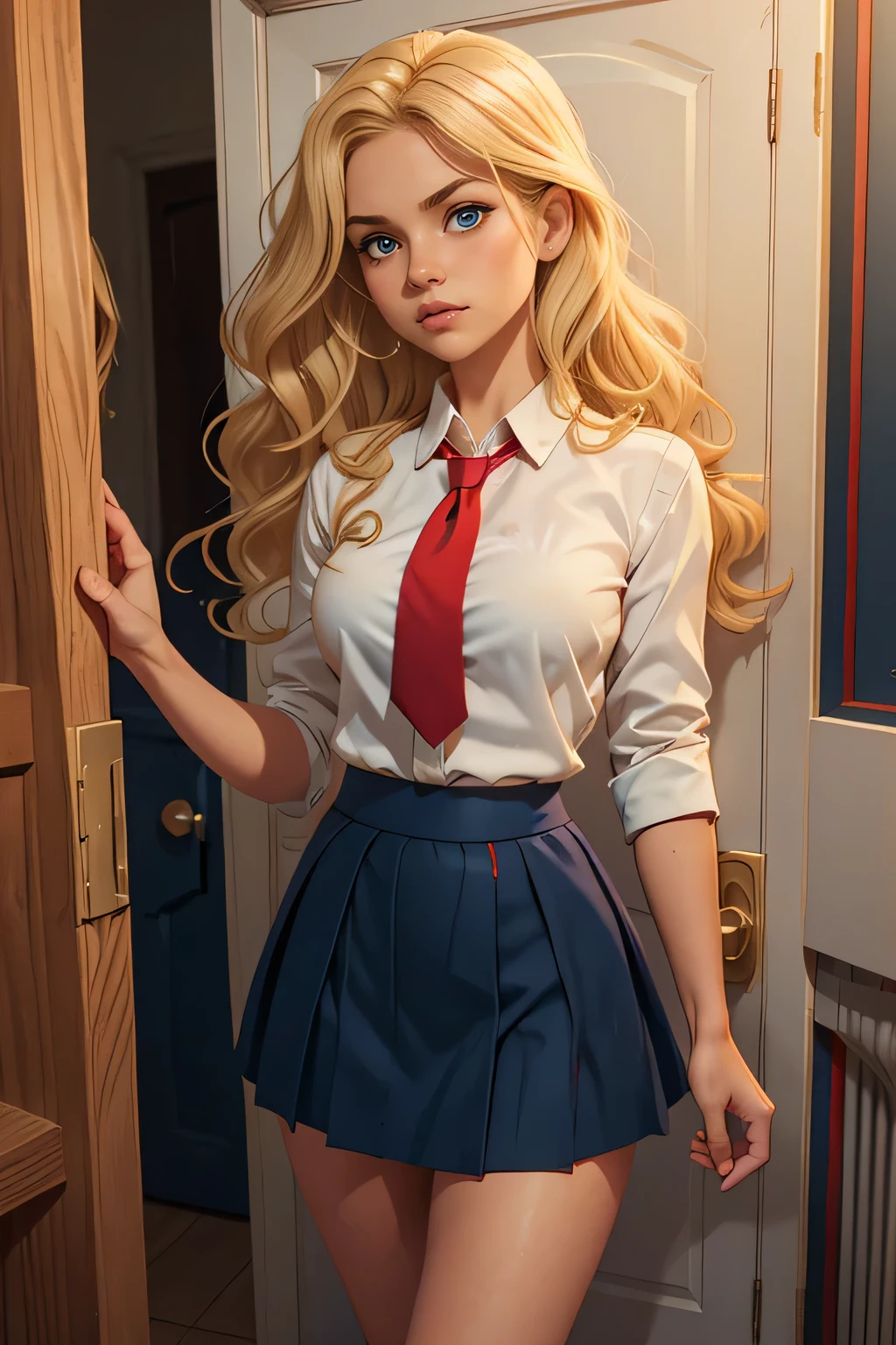 garota jovem, ((wavy blonde hair)), glare eyes, small and cute face, skin fair, Waist slender, medium breasts, cocked ass, pretty legs, ((white shirt)), red tie, (((Dark Blue Skirt))), between a door, with door at the back, collegiate style