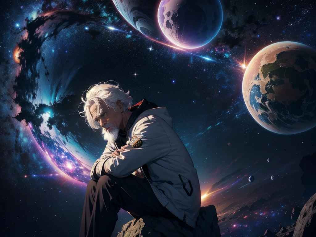 An old man with white hair,Sitting alone,masterpiece, best quality, high quality, Extremely detailed Cg Unity 8K wallpaper, Depth of Field, Human Development Report,,Reality,Extremely detailed, complex, High Detail, universe, space, Galaxy, Star, planet, astronaut, universe, Heavenly, nebula, Black Hole, Solar System, universe射线, Supernova, Deep space, Astronomical objects