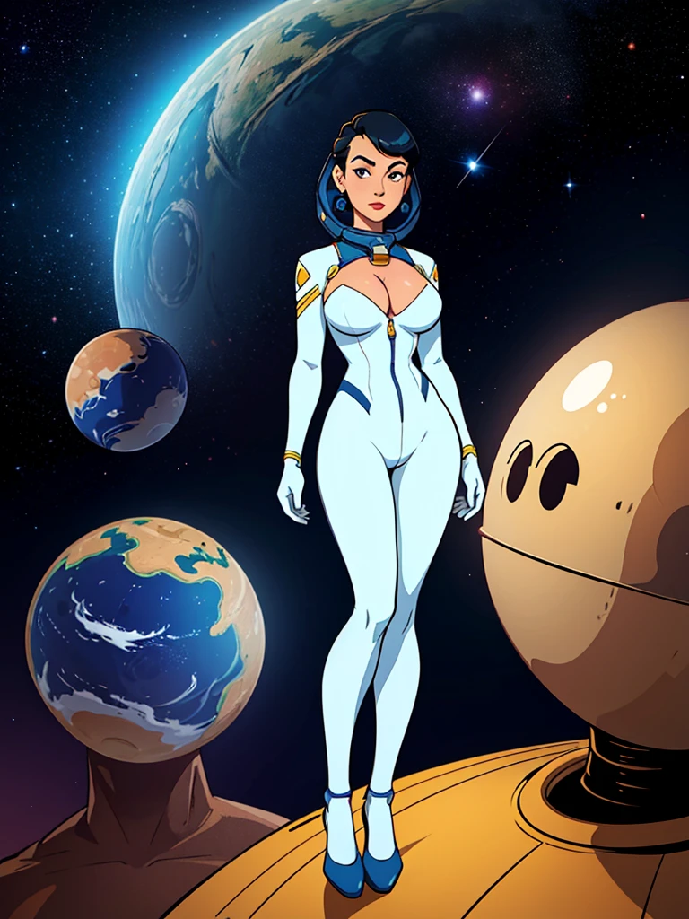 1950s retro comic, slender space girl (realistic proportions) with a close-fitting astronaut suit, cleavage, she looks at the camera, background: planets, nebula, stars, spaceships