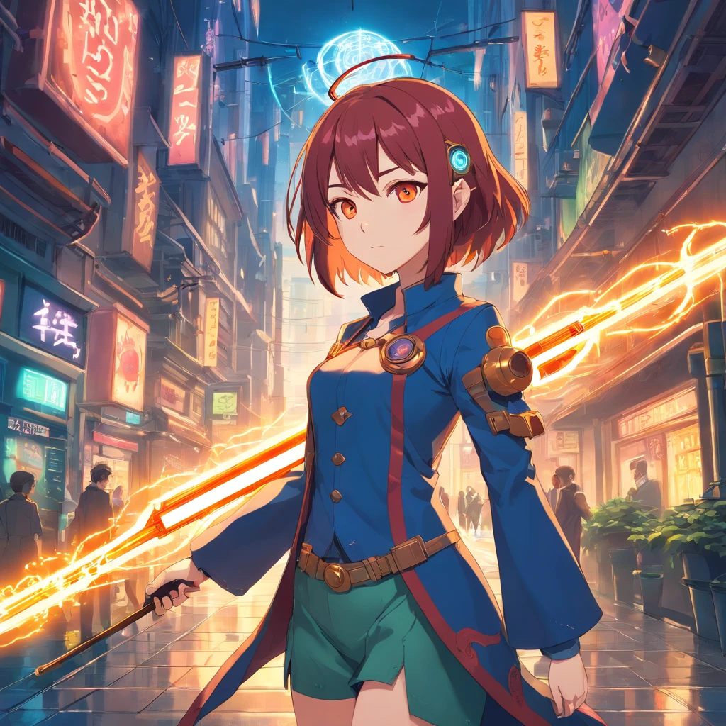 Niji mode. Full body, vampire elf wizard, secret agent, wearing a thin and elegant suit with glowing magic circuits, holding a long sword with glowing magic carvings and long handle, technological boot with glowing magic circuits, ruby eyes, dark red hair, orange skin , bright red tattoos, ruby piercings, looking at the viewer, detailed face. Atompunk, android, cyborg, mechanical parts with magic stones, magic glowing eyes, advanced technology mixed with magic, magic circuits, gears made of magic materials, developed by Technological Magic. Walking in the middle of a magical atompunk metropolis mixing technology and vegetation, particle effects, wide and deep scenery, with multiple planes of depth, cinematic and dynamic scene with a sense of movement, view of magical bright lights reflecting the scene, stylish pose, aura lights, glowing technological cables, epic atmosphere, magic tools, old anime style, Studio ghibli, metal hurlant, artbook, RPG fantasy.